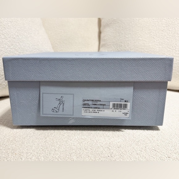 Prada Black Calzature Donna Velvet Silver Metallic Ankle Strap heels sz 38.5 - Picture 10 of 11